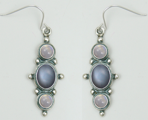 Sterling Silver Drop Dangle Earrings With Grey And Rainbow Moonstones Sterling Silver Drop Dangle Earrings With Grey And Rainbow Moonstones